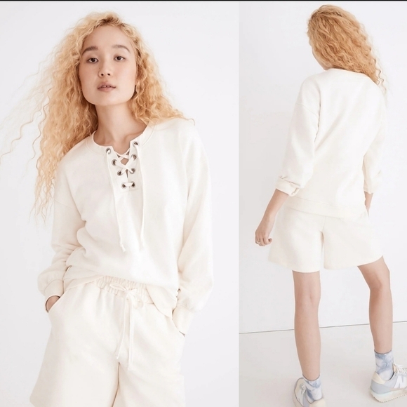 Madewell Cotton- Hemp Lace-up Sweatshirt in Antique Cream Size Medium - Picture 1 of 10